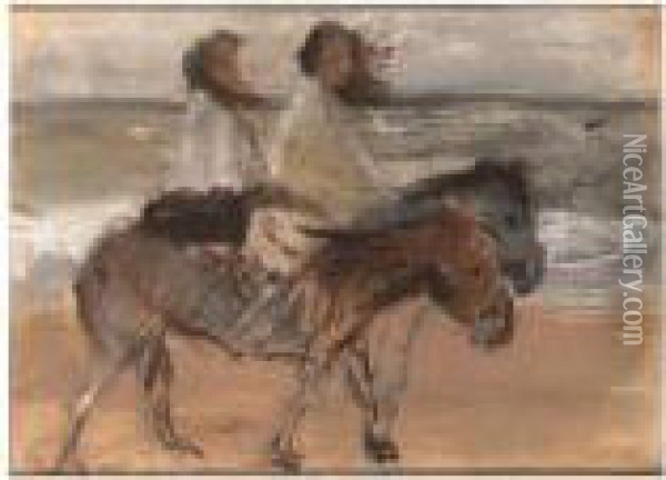 Donkey Riding On The Shore Oil Painting - Isaac Israels