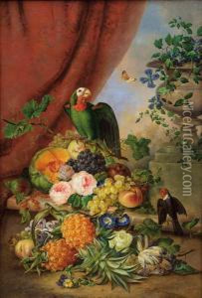 Groses Blumen- Und Fruchtestillleben Mit Papagei Oil Painting - Franz Xaver Petter