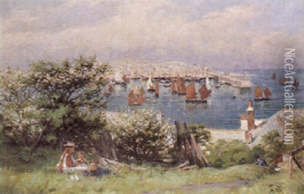 Children Picnicking Above St. Ives Oil Painting - William Banks Fortescue