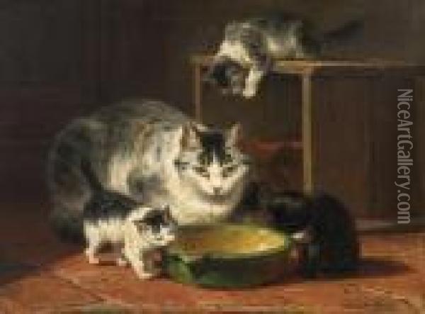 Five Cats Before A Bowl Oil Painting - Henriette Ronner-Knip