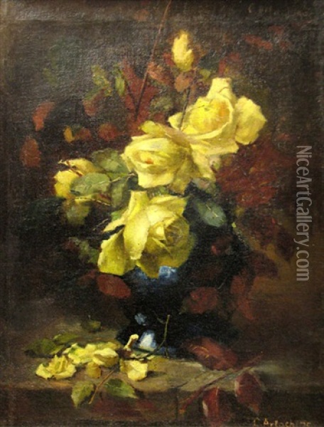 Roses In Blue Vase Oil Painting - Constantin Artachino
