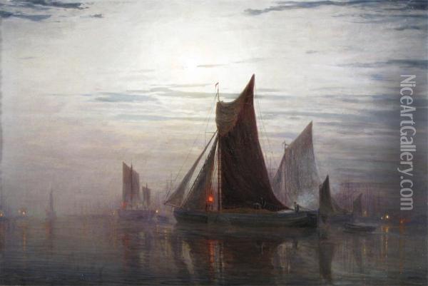 Shipping In An Estuary In Moonlight Oil Painting - William Simpson