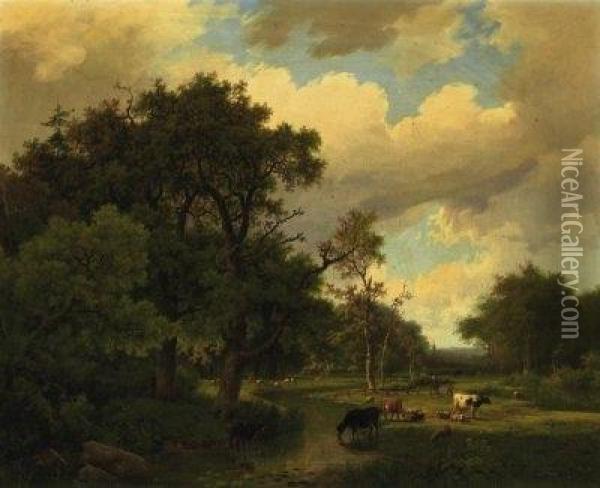 Summerly River Landscape With Grazing Cattle. Signed And Dated Lower Left: M.a. Koekkoek Oil Painting - Marianus Adrianus Koekkoek