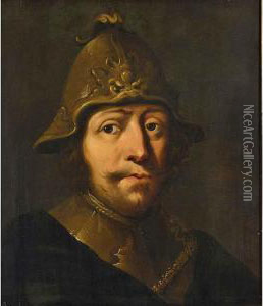 A Tronie Of A Soldier, Head And Shoulders, Wearing A Helmet And A Gorget Oil Painting - Pieter Jansz. Quast