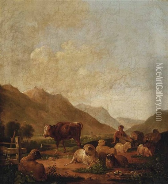 Sennerin Mit Weidevieh Auf Einer Almwiese Im Gebirge Oil Painting - Max Joseph Wagenbauer