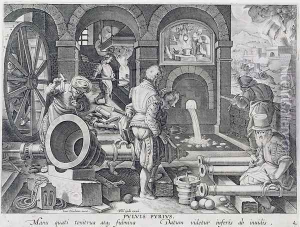 The Invention of Gunpowder and the First Casting of Bronze Cannon, plate 4 from Nova Reperta New Discoveries engraved by Philip Galle 1537-1612 c.1600 Oil Painting - Giovanni Stradano