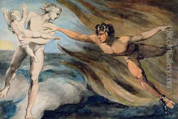 Good and Evil Angels Struggling for the Possession of a Child, c.1793-94 Oil Painting - William Blake