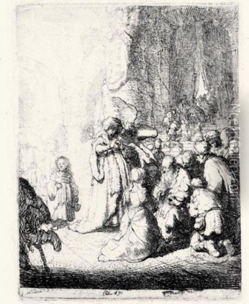 The Presentation In The Temple With The Angel: Small Plate (b., Holl.51; H.18; Bb.30-c) Oil Painting - Rembrandt Van Rijn