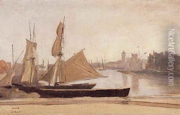 Dunkirk, Fishing Boats Tied to the Wharf Oil Painting - Jean-Baptiste-Camille Corot