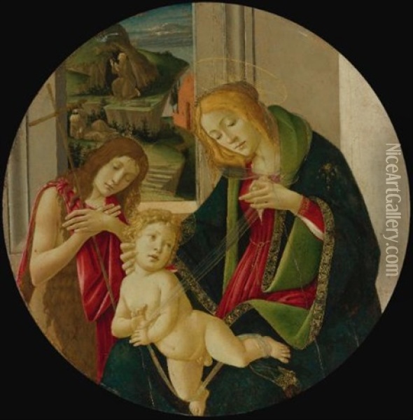 Madonna And Child With The Young Baptist, Saint Francis Receiving The Stigmata In The Distance (collab. W/studio) Oil Painting - Sandro Botticelli