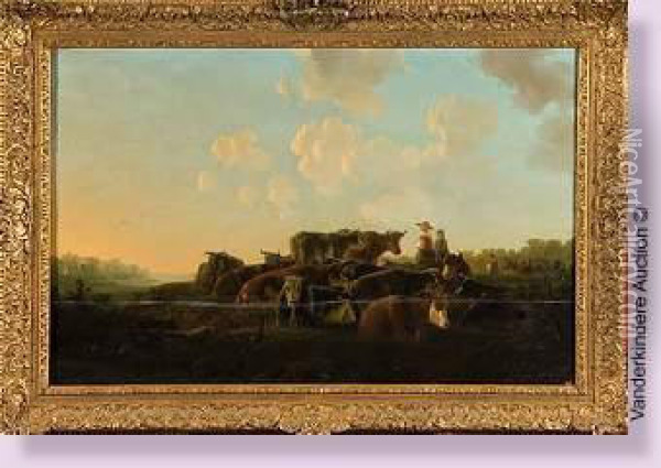 Jeunes Vachers Et Leur Troupeau Au Pre Oil Painting - Jacob Van Stry