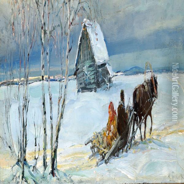 Russian Winter Landscape With A Couple On A Horse-drawn Sleigh Oil Painting - Michail Vasilievitch Boskin
