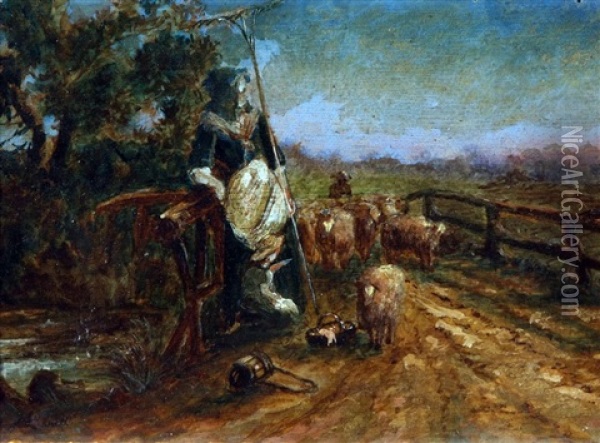 Farm Worker, Young Child And Sheep Oil Painting - John Linnell