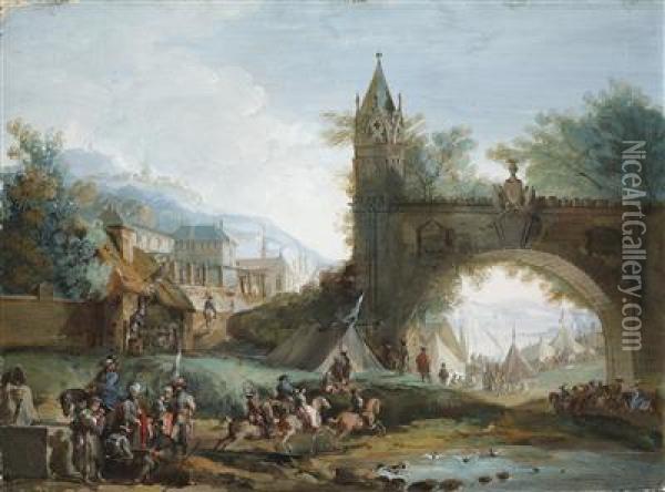 A Landscape With Mounted Soldiers And An Arched Bridge Oil Painting - Giuseppe Bernardino Bison