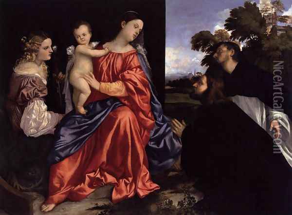 Madonna and Child with Sts Catherine and Dominic and a Donor Oil Painting - Tiziano Vecellio (Titian)