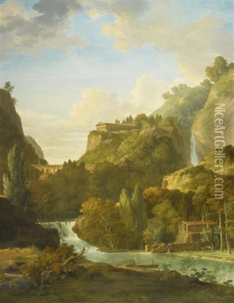 An Arcadian Landscape With A Classical Temple And Aqueduct Oil Painting - Pierre Henri de Valenciennes