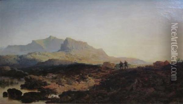 Cader Idris, Moorland Scene With Sportsmen On A Sunlit Path Oil Painting - Edmund John Niemann, Snr.