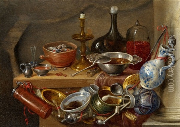 Still Life With Kitchenwares, A Candle And A Bottle Oil Painting - Jan van Kessel the Elder