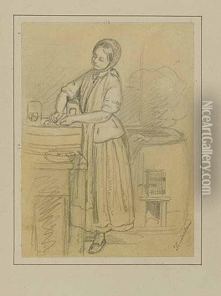 Madchen Bei Der Wasche. Bleistiftzeichnung Auf Gelblichem Papier.blgr. Oil Painting - Johann Baptist W.A. Sonderland