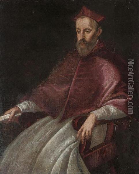 Portrait Of A Cardinal, Three-quarter-length, Seated, A Scroll In His Right Hand Oil Painting - Jacopo Robusti, II Tintoretto