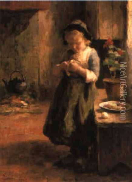 A Young Girl Peeling Fruit Oil Painting - Evert Pieters