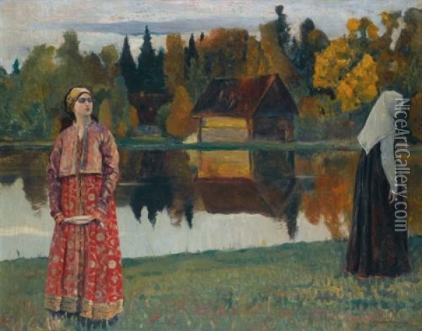 By The Lake Oil Painting - Mikhail Vasilievich Nesterov