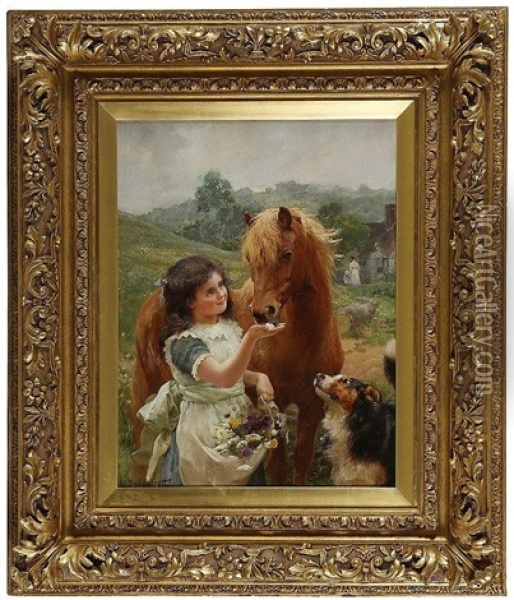 Sweet Tooth, Young Girl With Sheep Dog Feeding Sugar To A Pony Oil Painting - Alfred William Strutt
