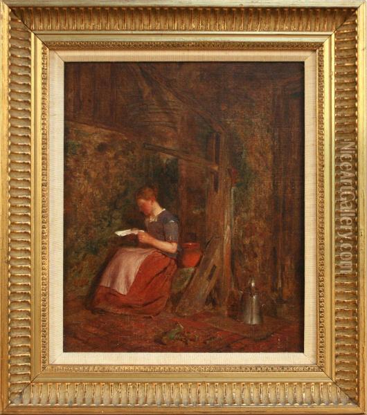 Woman Reading A Letter In A Cottage Interior Oil Painting - Alfred Provis