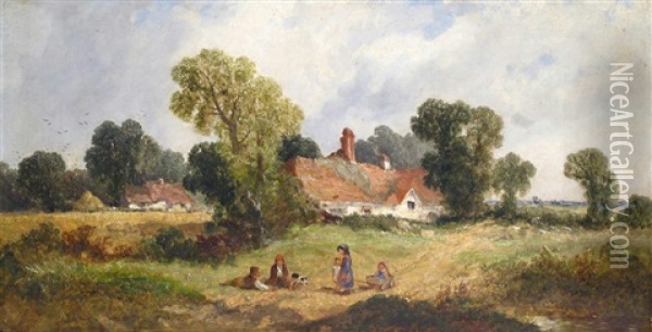 A Family On A Path By A Cottage Oil Painting - James E. Meadows