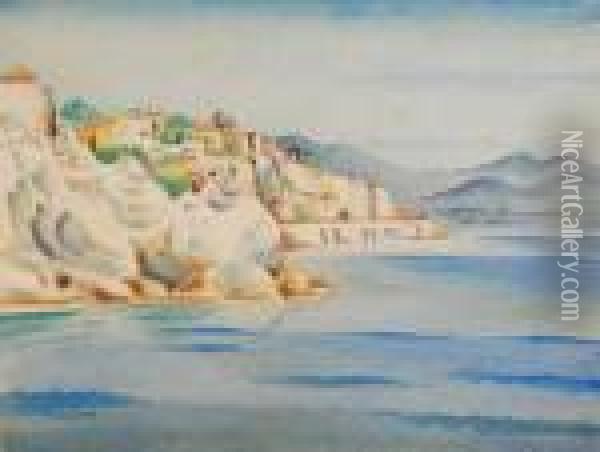 Mediterranean Coastal Scene With Buildings Close To The Shore And A Rocky Headland Oil Painting - Albert Wainwright