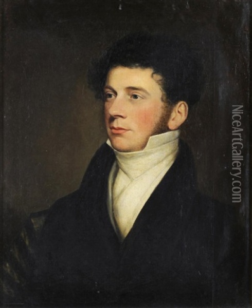 A Head And Shoulders Portrait Of A Young Gentleman Wearing A White Shirt And Black Jacket Oil Painting - William Huggins