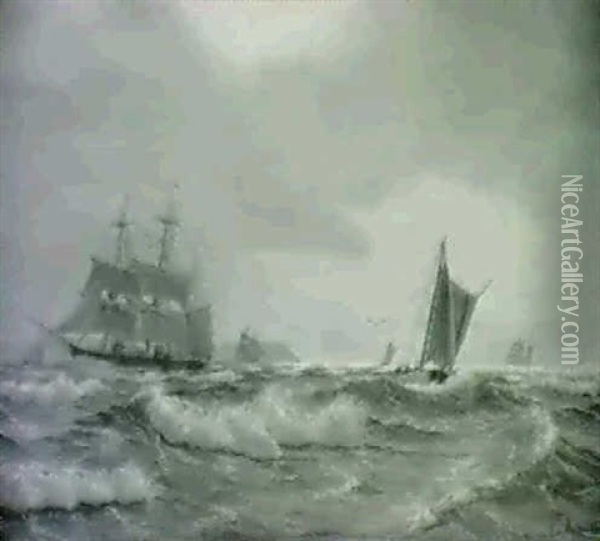 Marine Med Sejlskibe Ved Kullen Oil Painting - Viggo Pedersen