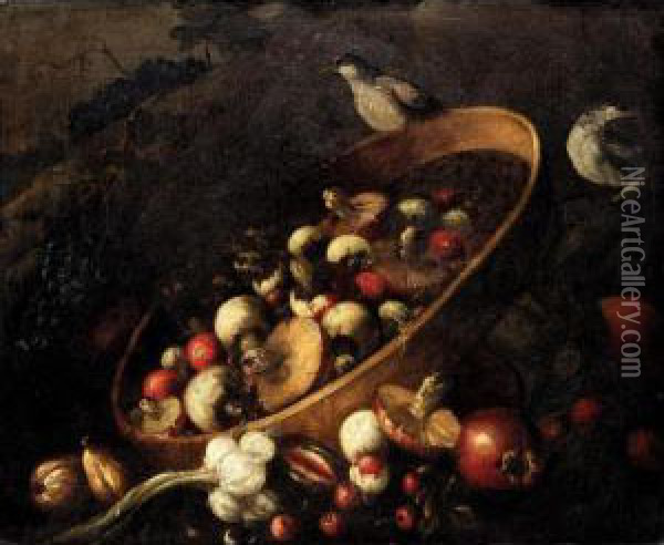 Still Life With A Basket, 
Mushrooms, Onions, Tomatoes, And Grapes Together With Other Vegetables 
And Song Birds. Oil Painting - Felice Boselli Piacenza