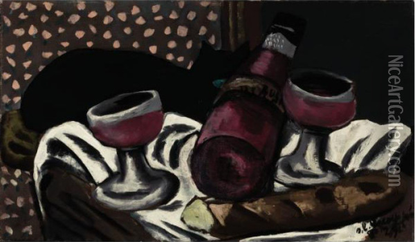Stilleben Mit Weinglasern Und Katze Oil Painting - Max Beckmann