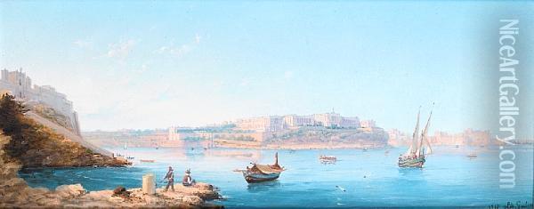 View Of The Bighi Royal Naval Hospital From Valletta Oil Painting - Luigi Maria Galea