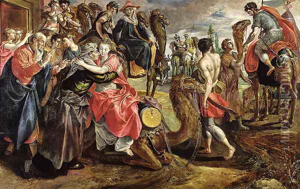 Rebecca Bidding Farewell to her Family, c.1562 Oil Painting - Maarten de Vos