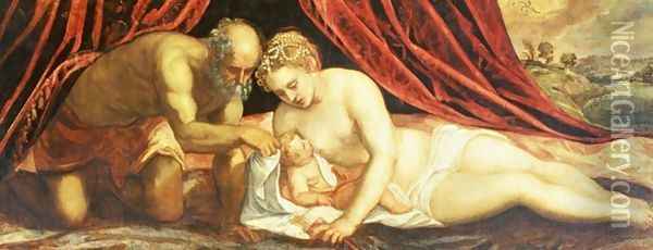 Venus, Vulcan and Cupid Oil Painting - Jacopo Tintoretto (Robusti)