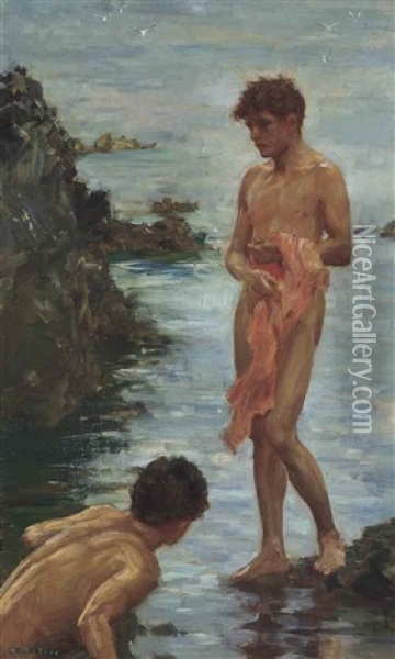 Variant On A Bathing Group Oil Painting - Henry Scott Tuke