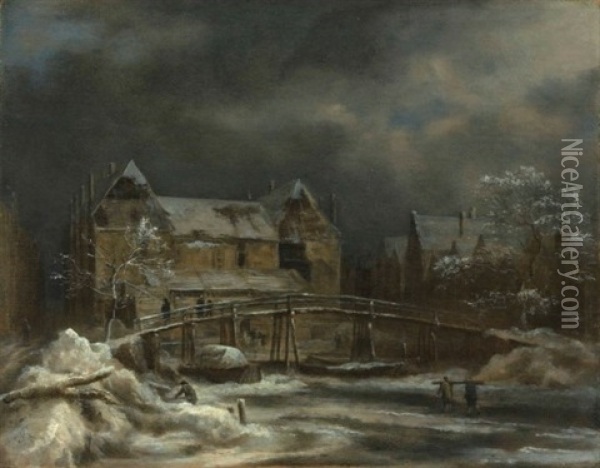 A Winter Landscape With A View Of A Town And Wooden Bridge Oil Painting - Jacob Van Ruisdael