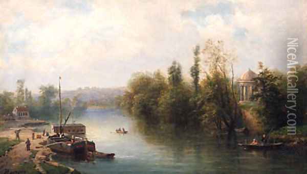A Barge Moored By A River Bank, A Temple Beyond Oil Painting - Claude Sebastien Hugard De La Tour