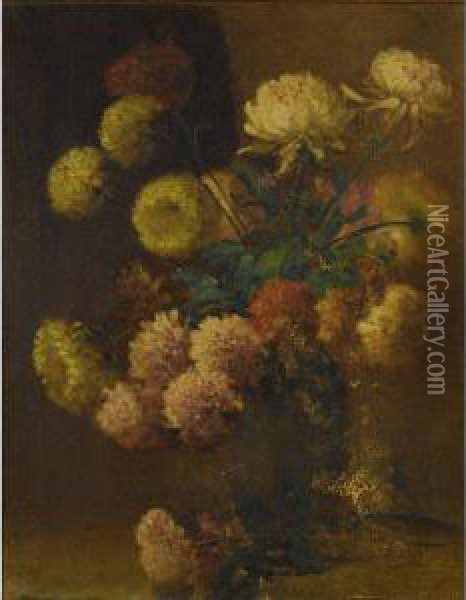 Mums In A Green Vase Oil Painting - Charles Ethan Porter