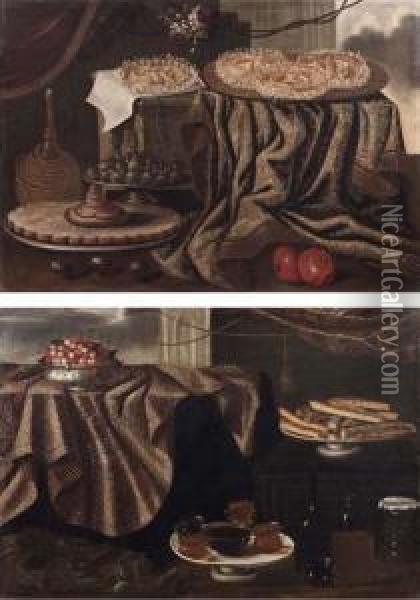 Natura Morta Con Torte, Frutta Candita, Melograne E Fiasco Di Vino Oil Painting - Antonio Gianlisi The Younger
