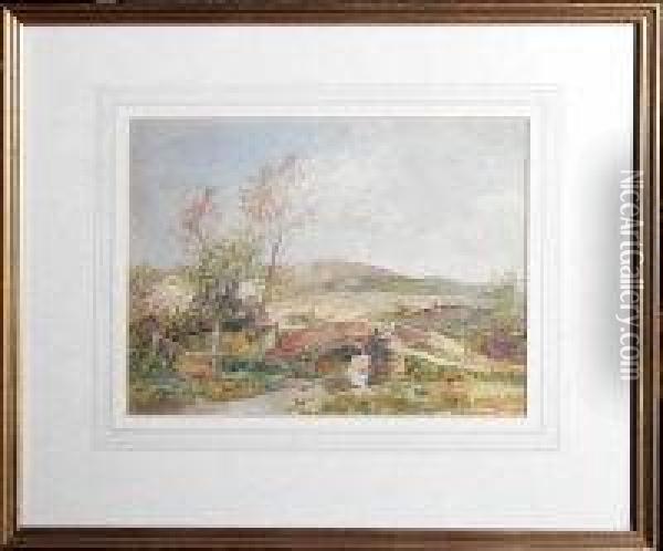 A Humpback Bridge And A Meadow Beyond Oil Painting - James Aumonier