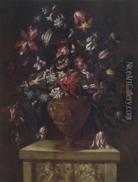 Bouquet Di Fiori Entro Un Vaso Ad Anfora, Sbalzato A Figure Oil Painting - Mario Nuzzi