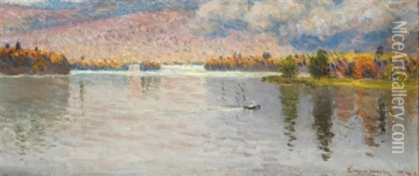 Rowing Across The Lake, A View Near Newry, Maine Oil Painting - John Joseph Enneking