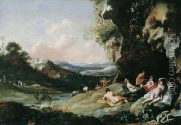 Landschaft Mit Einem Satyr Und Lagernden Oil Painting - Cornelis Van Poelenburch