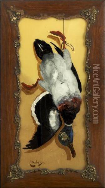A Reverse Painting On Glass Of A Mallard Drake With Mother-of-pearl Inlay To The Neck Oil Painting - Clarence E. Braley