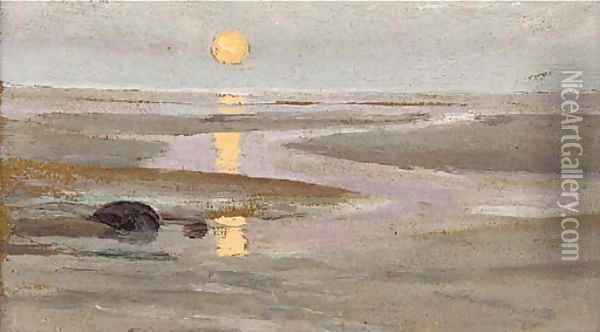 Sunset over an estuary Oil Painting - Robert Jones
