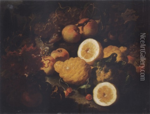 Still Life With Lemons, Grapes, Cherries And Other Fruit In A Landscape Oil Painting - Giovanni Paolo Castelli (lo Spadino)