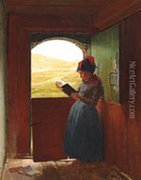 A Girl From Fano Standing In The Doorway, Reading A Book Oil Painting - Johann Julius Exner